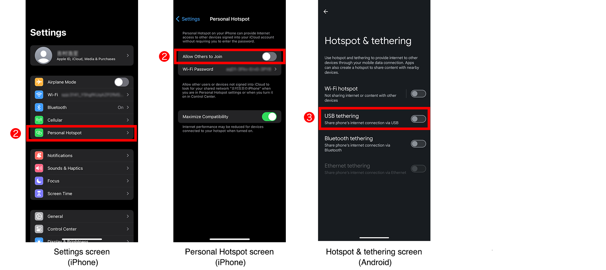 Settings screen (iPhone) / Personal Hotspot screen (iPhone) / Hotspot & tethering screen (Android)