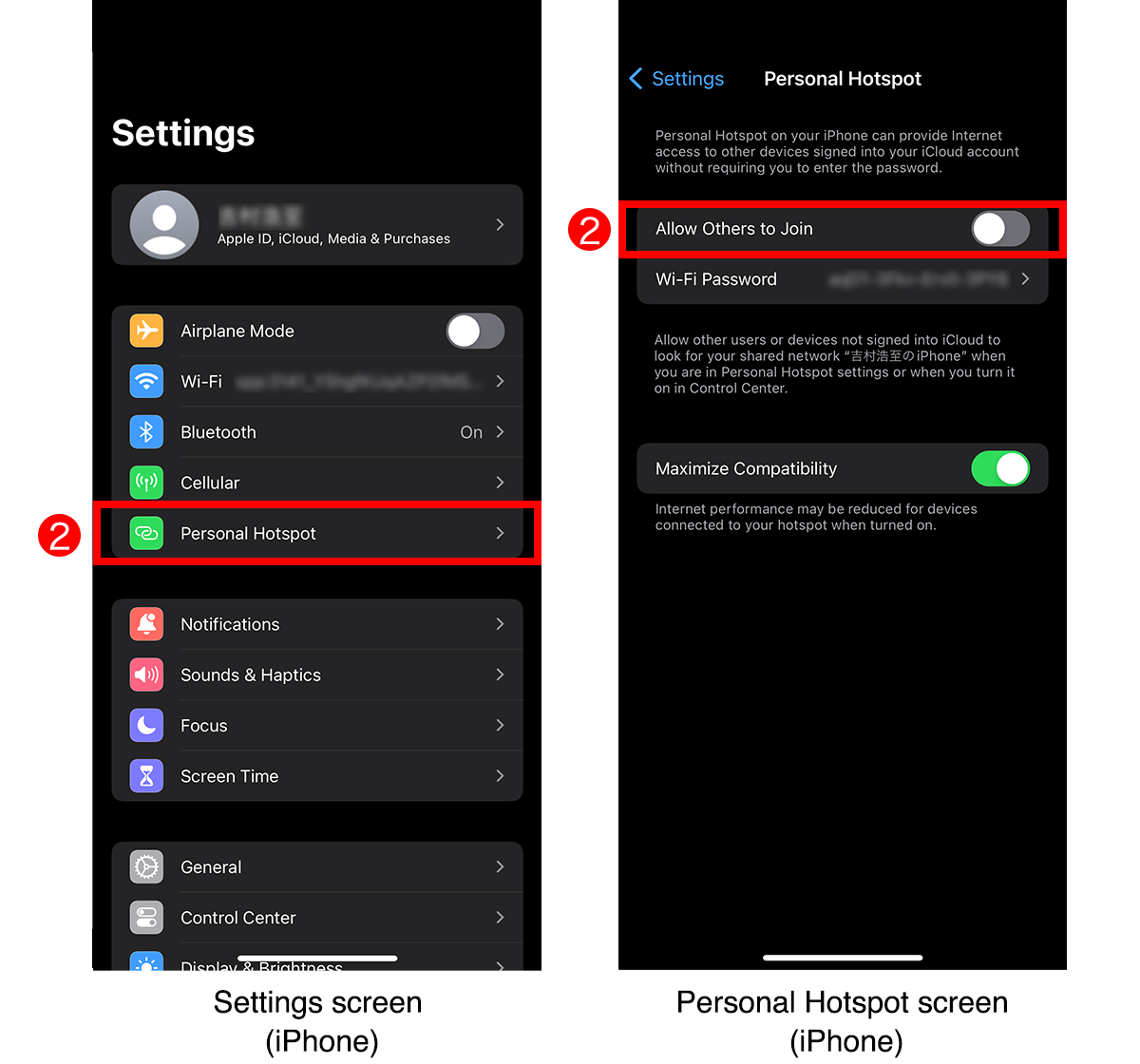 Settings screen (iPhone) / Personal Hotspot screen (iPhone)