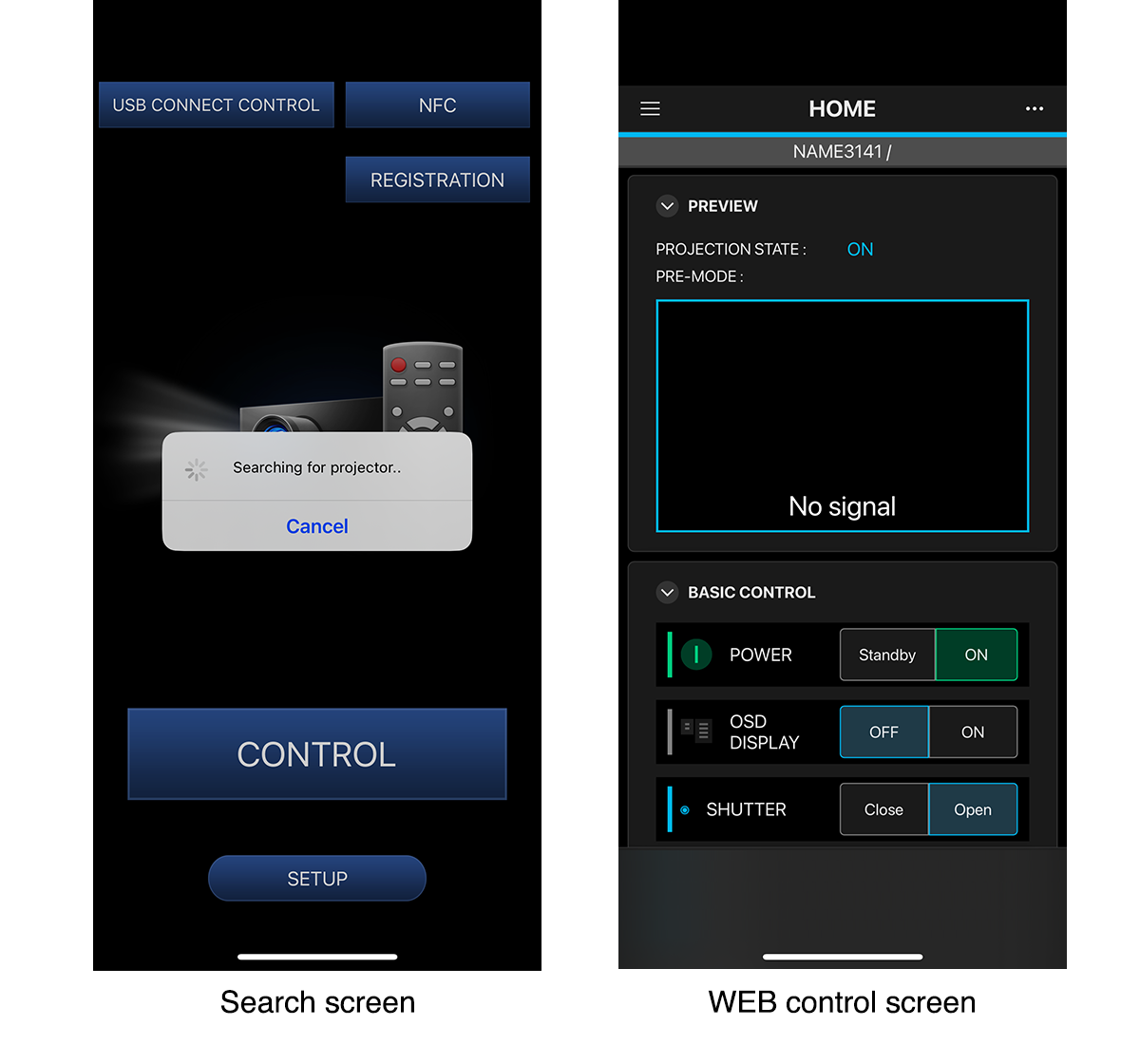 Search screen / WEB control screen