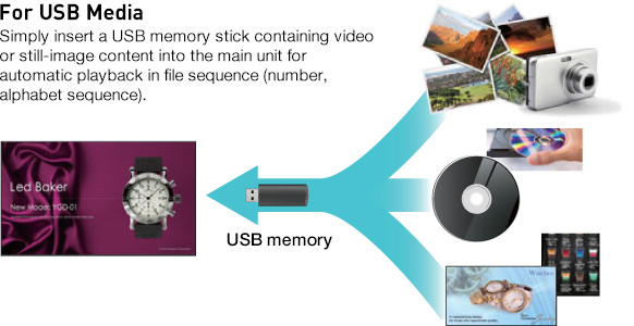 For USB Media, Simply insert a USB memory stick containing video or still-image content into the main unit for automatic playback in file sequence (number, alphabet sequence).
