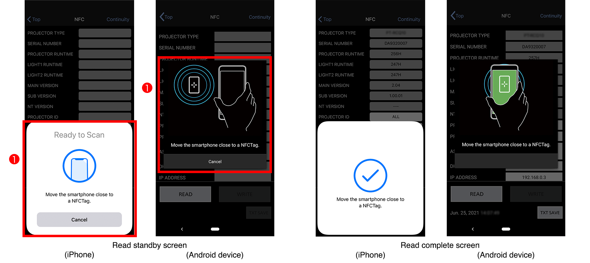 Read standby screen (iPhone)/(Android device), Read complete screen (iPhone)/(Android device)