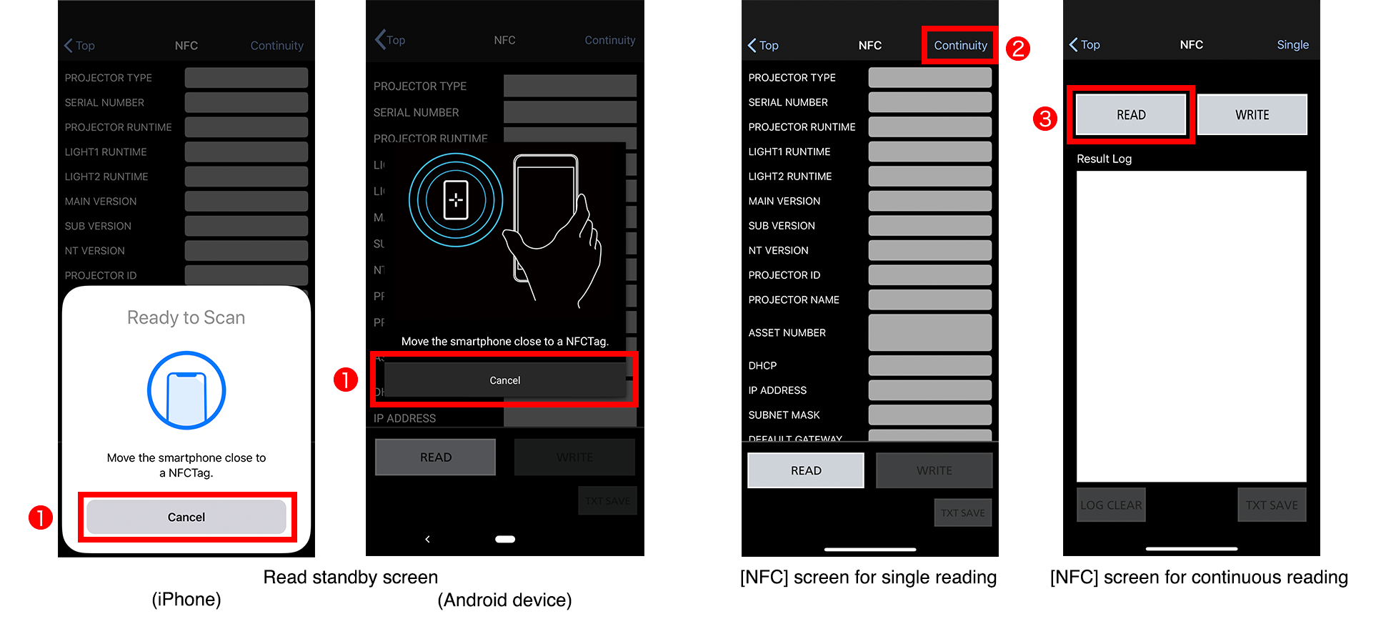Read standby screen (iPhone)/(Android device), [NFC] screen for single reading, [NFC] screen for continuous reading