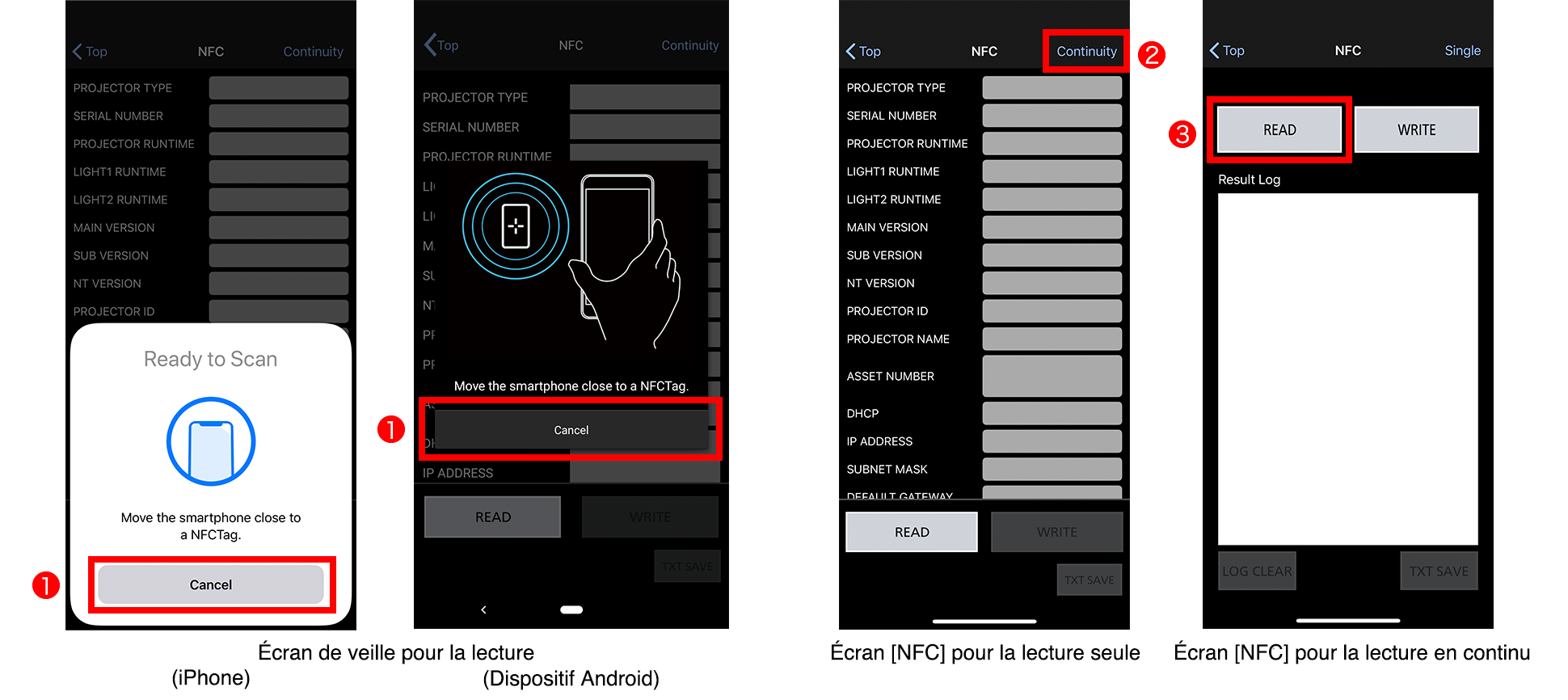 Écran de veille pour la lecture (iPhone)/(Dispositif Android), Écran [NFC] pour la lecture seule, Écran [NFC] pour la lecture en continu