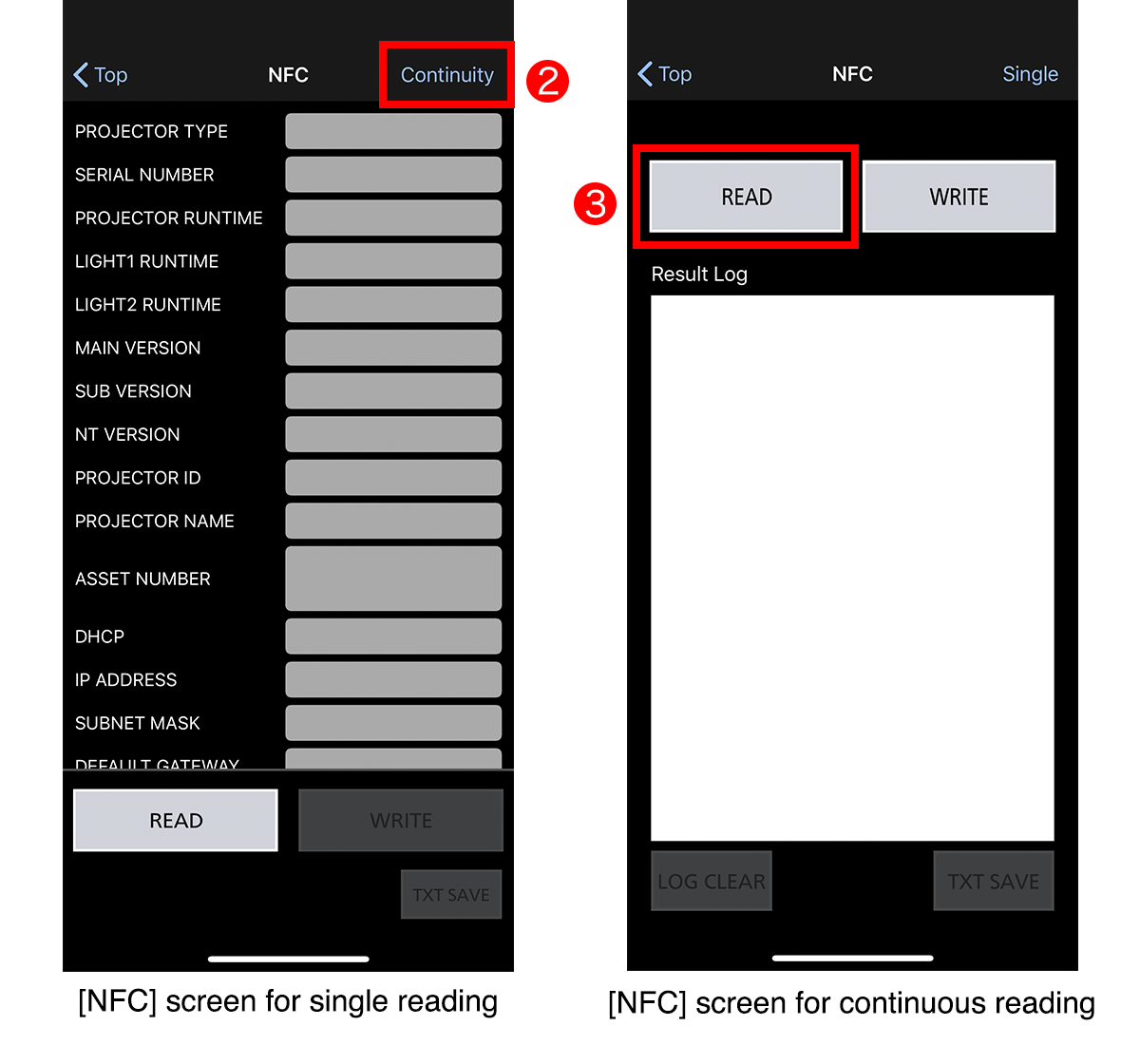 [NFC] screen for single reading, [NFC] screen for continuous reading
