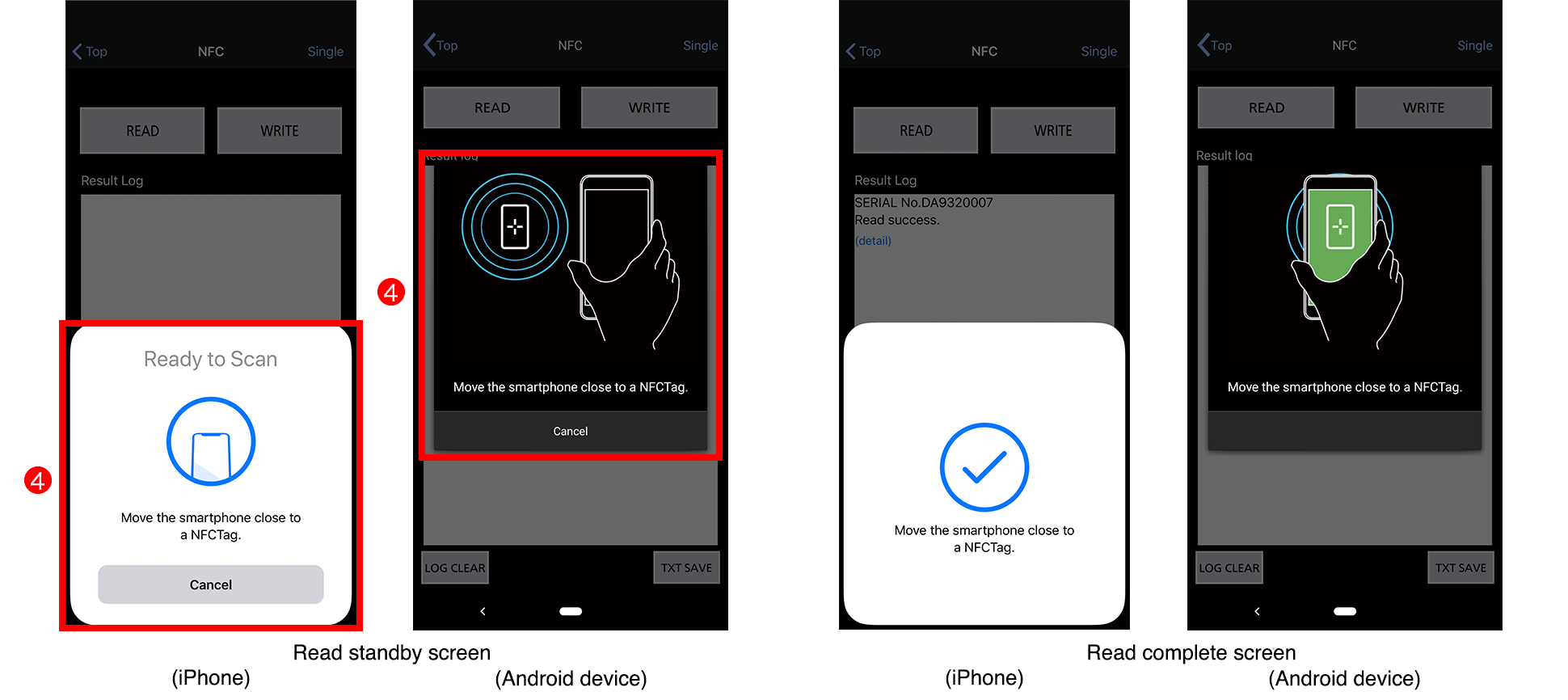 Read standby screen (iPhone)/(Android device), Read complete screen (iPhone)/(Android device)