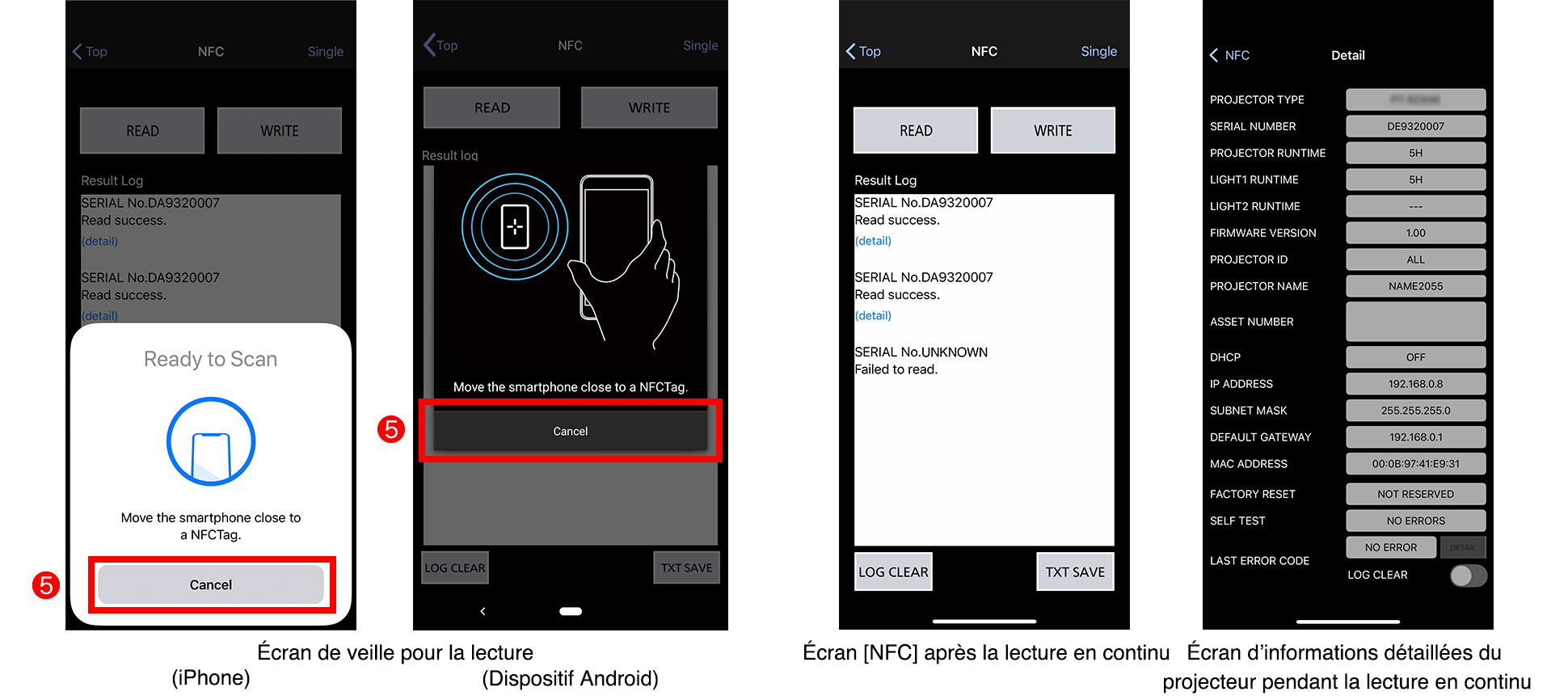 Écran de veille pour la lecture (iPhone)/(Dispositif Android), Écran [NFC] après la lecture en continu, Écran d’informations détaillées du projecteur pendant la lecture en continu