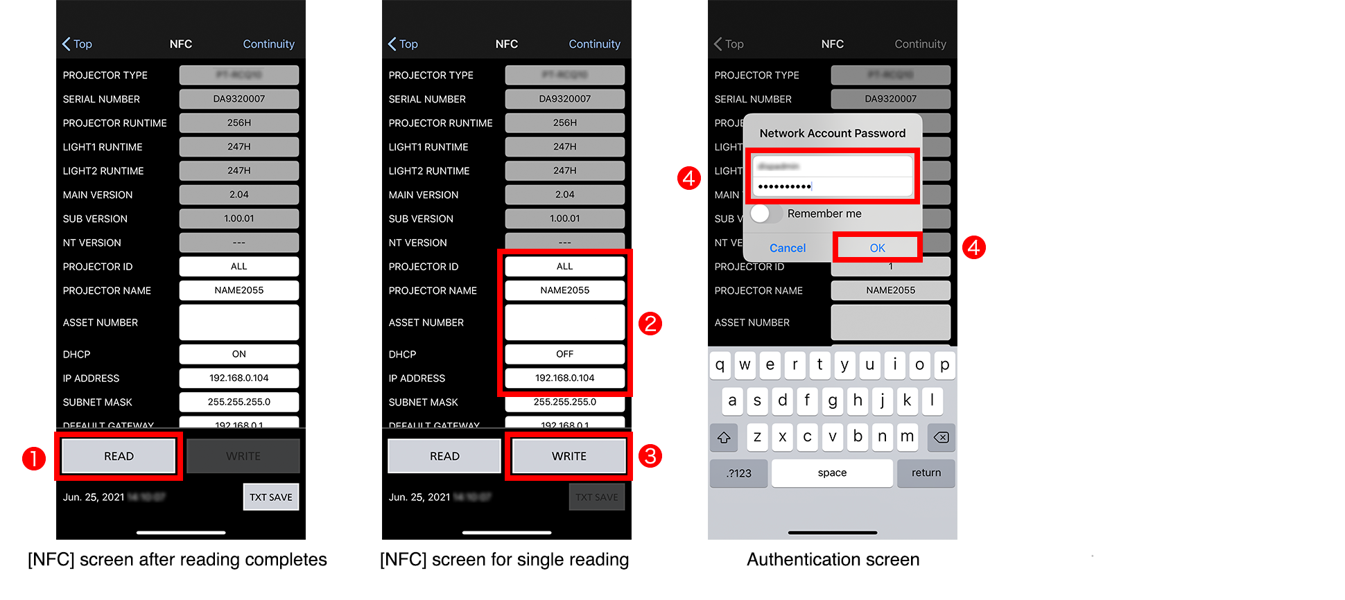 [NFC] screen after reading completes, [NFC] screen for single reading, Authentication screen