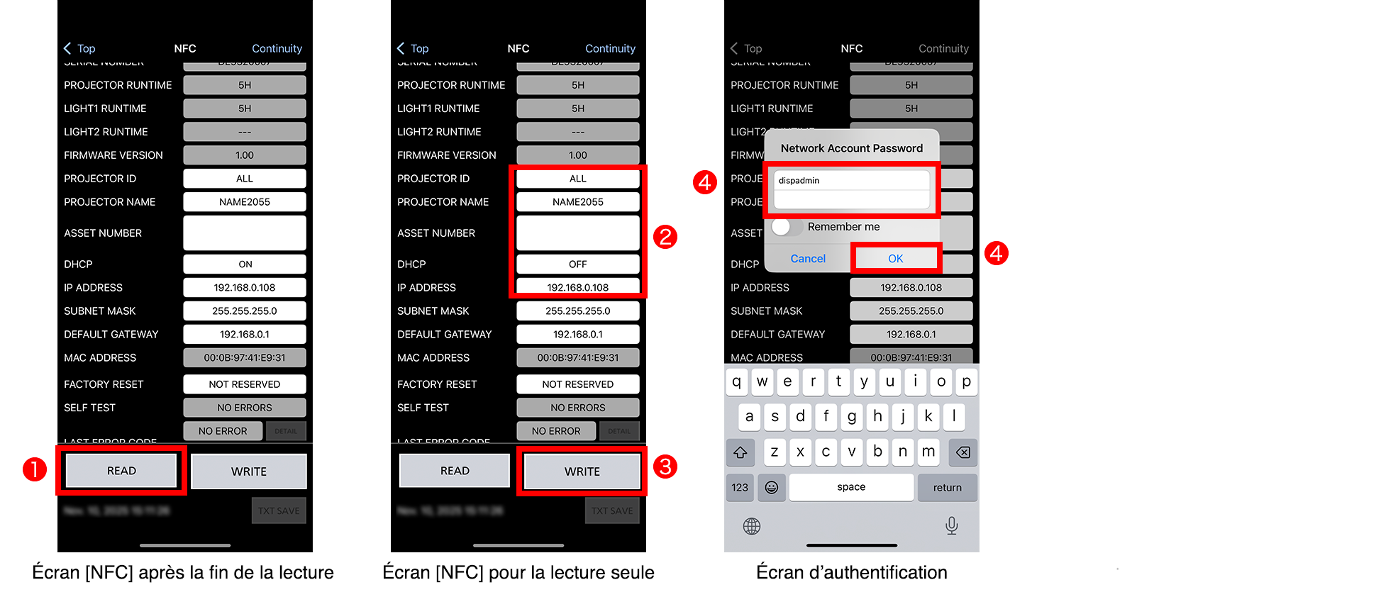 Écran [NFC] après la fin de la lecture, Écran [NFC] pour la lecture seule, Écran d’authentification