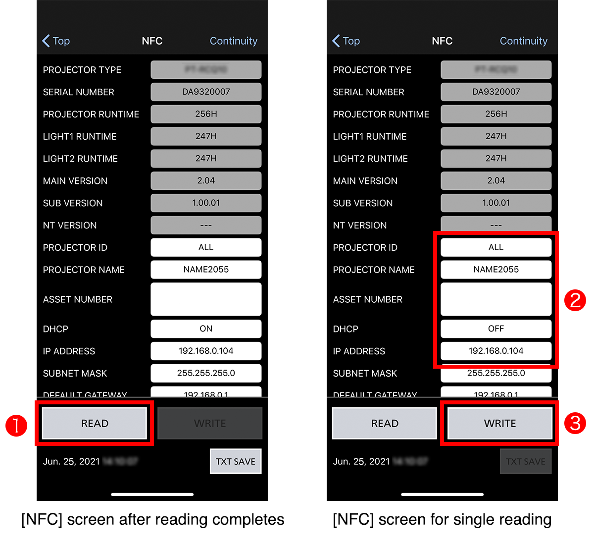 [NFC] screen after reading completes, [NFC] screen for single reading
