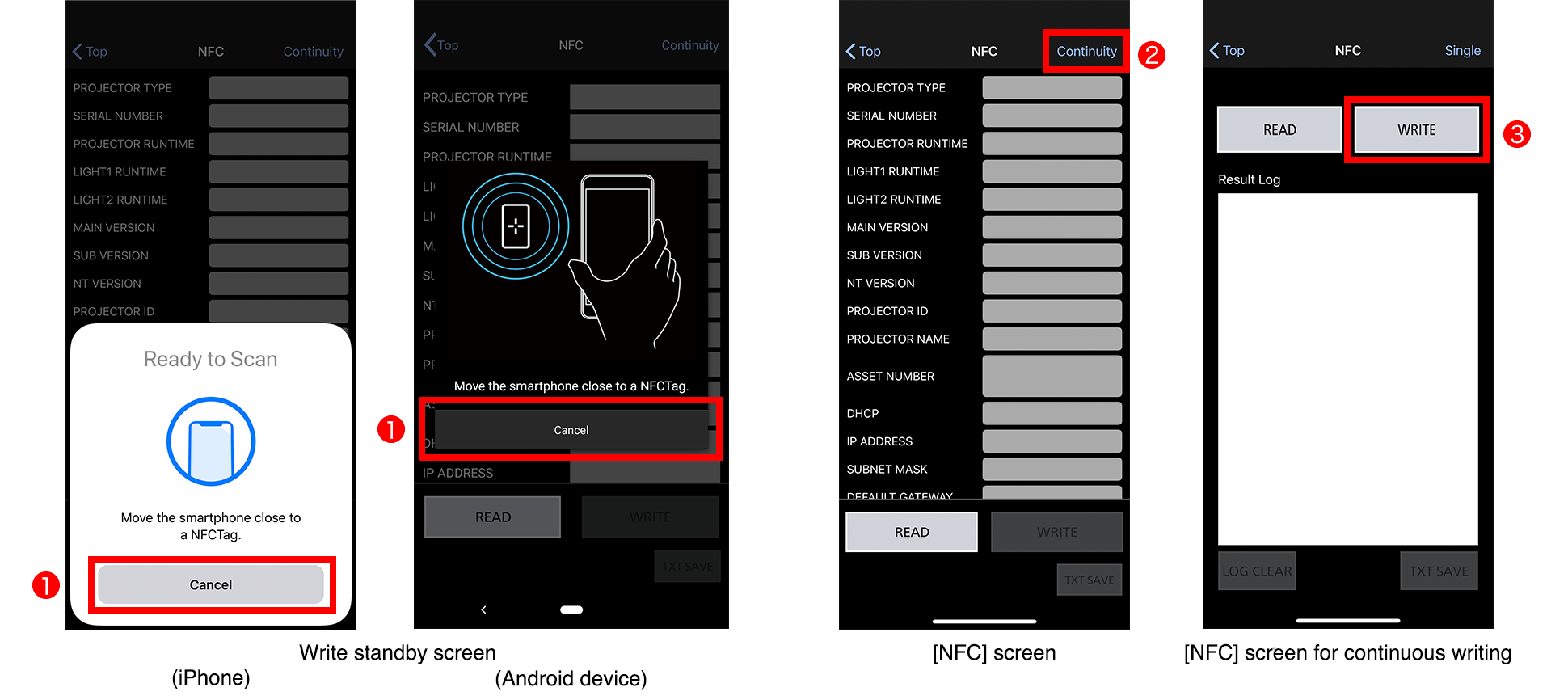 Write standby screen (iPhone)/(Android device), [NFC] screen for single reading, [NFC] screen for continuous writing