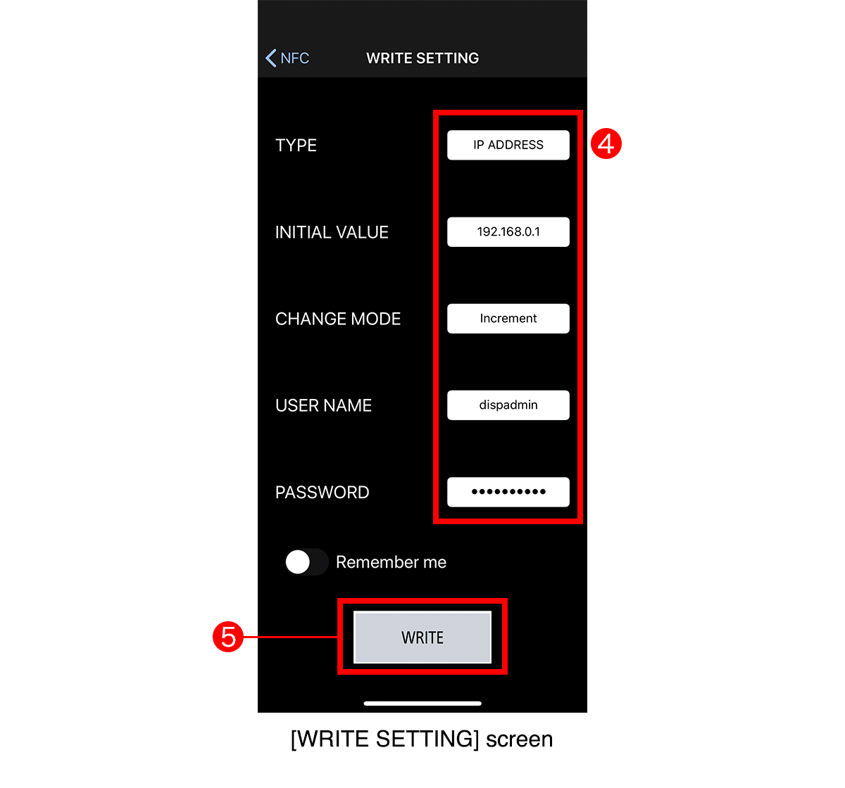 [WRITE SETTING] screen