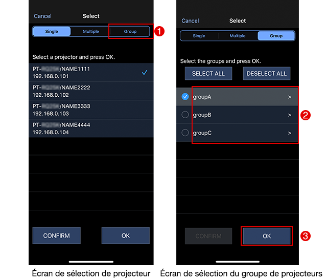 Écran de sélection de projecteur / Écran de sélection du groupe de projecteurs