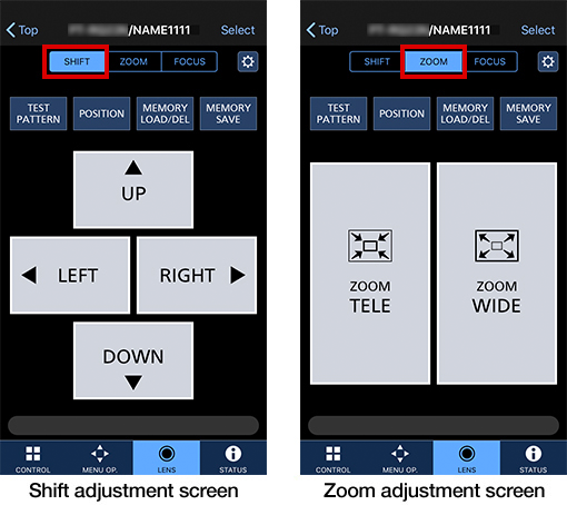 Shift adjustment screen / Zoom adjustment screen