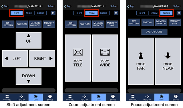 Shift adjustment screen / Zoom adjustment screen / Focus adjustment screen