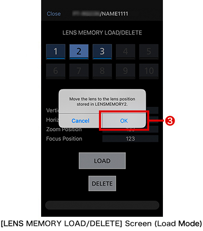 [LENS MOMORY LOAD/DELETE]Screen (Load mode)