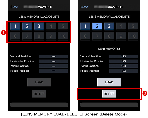 [LENS MOMORY LOAD/DELETE]Screen (Delete mode)