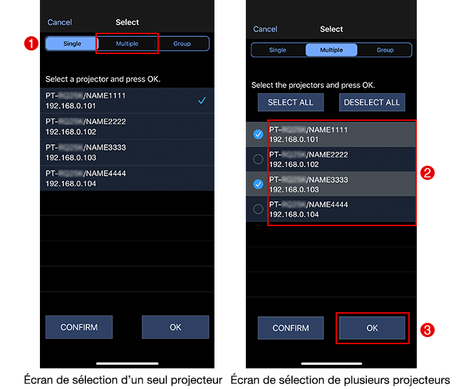 Écran de sélection d’un seul projecteur / Écran de sélection de plusieurs projecteurs