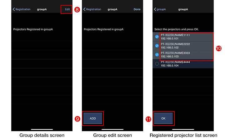 Group details screen/Group edit screen/Registered projector list screen