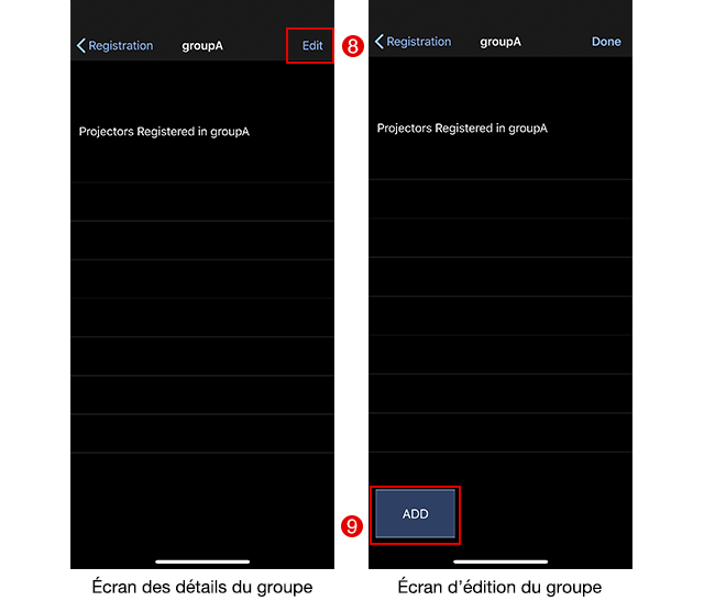 Écran des détails du groupe / Écran d’édition du groupe