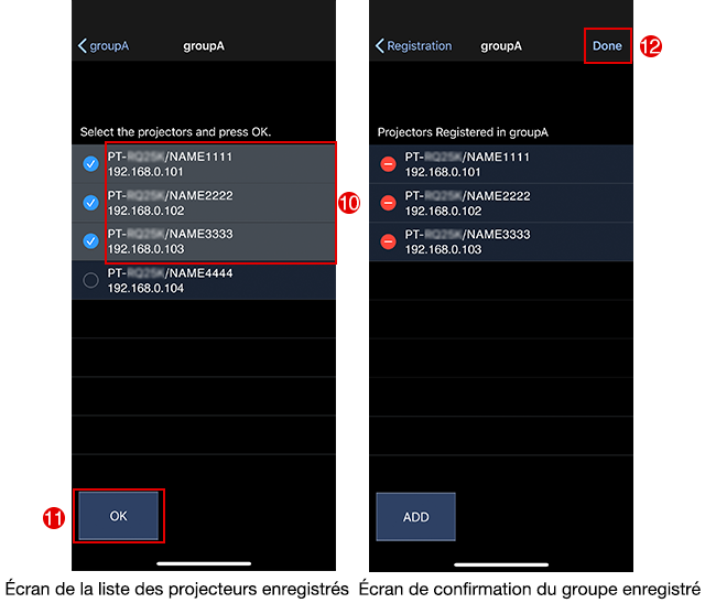 Écran de la liste des projecteurs enregistrés / Écran de confirmation du groupe enregistré