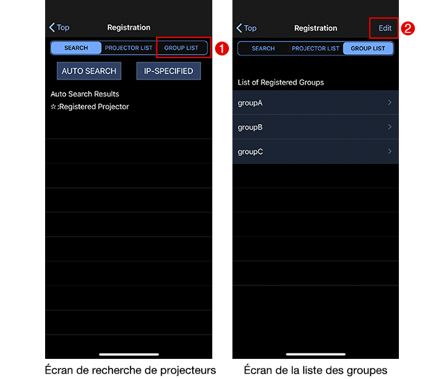 Écran de recherche de projecteurs / Écran de la liste des groupes