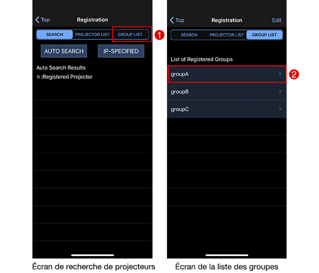 Écran de recherche de projecteurs / Écran de la liste des groupes