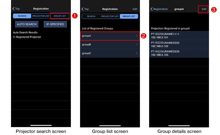 Projector search screen/Group list screen/Group details screen