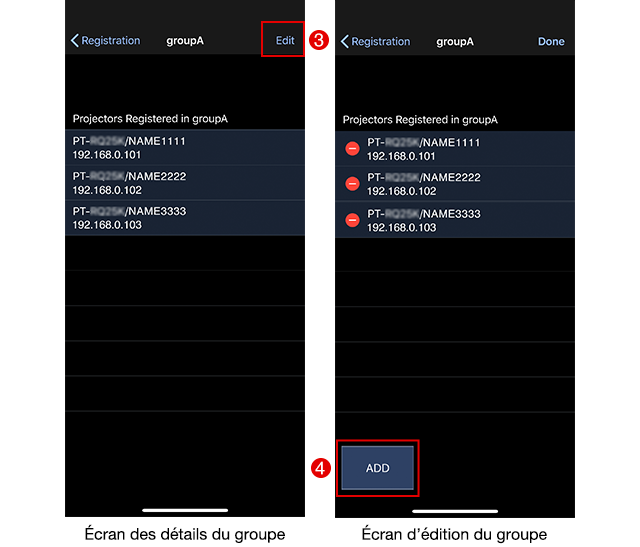 Écran des détails du groupe / Écran d’édition du groupe