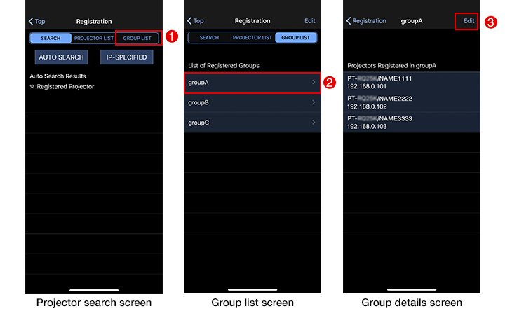 Projector search screen/Group list screen/Group details screen