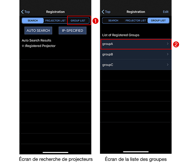 Écran de recherche de projecteurs / Écran de la liste des groupes