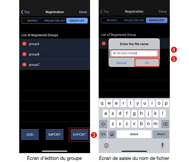 Écran d’édition du groupe / Écran de saisie du nom de fichier