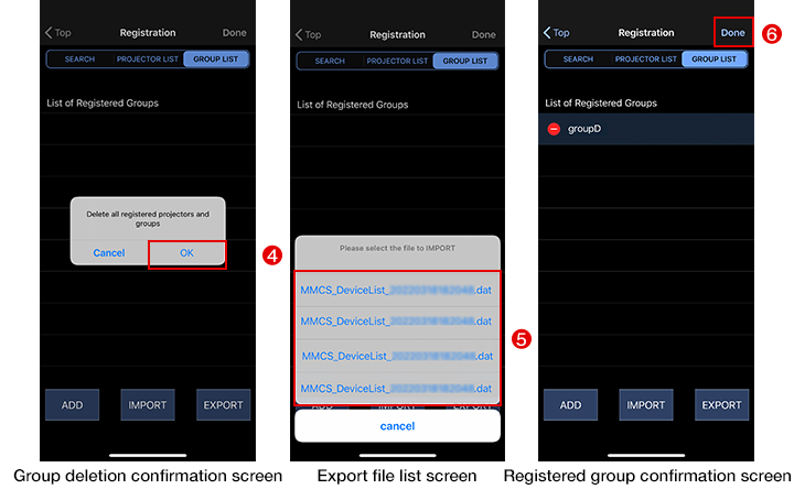 Group deletion confirmation screen/Export file list screen/Registered group confirmation screen