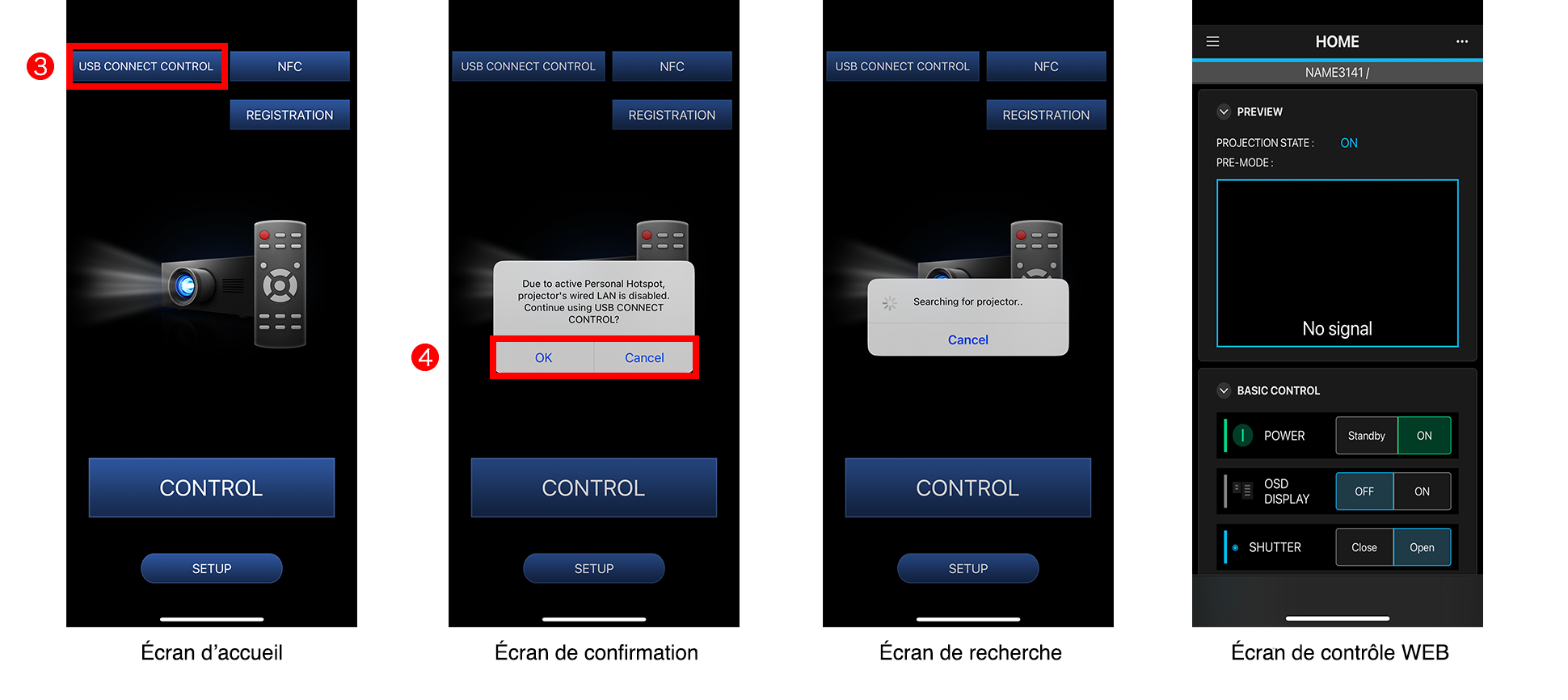 Écran d’accueil / Écran de confirmation / Écran de recherche / Écran de contrôle WEB